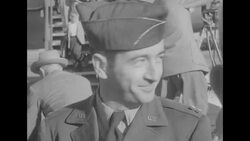 Korean War flying aces Joseph McConnell and Manuel Fernandez arrive at Travis AFB in California, May 1953 News Clip