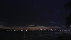PAN DOWN OF MIAMI SKYLINE AND HARBOR AT DUSK. SEE PALM TREES FRAME RIGHT. POV PANS DOWN TO SHOW MIAMI SKYLINE ILLUMINATED IN DARK  SKY. SEE WATER IN FOREGROUND. SEE FIGURE SITTING ON STEPS FRAME RIGHT. POV PANS UP. END ON DARK SKY AND PALM TREE. Stock Footage
