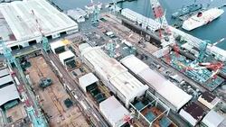 Aerial view of shipyard Stock Footage