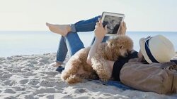 Woman traveler is holding touch pad, while is relaxing outdoors during his trip on the sea. Stock Footage