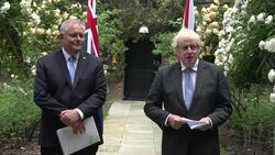 UK: British Prime Minister Boris Johnson and Australian Prime Minister Scott Morrison hosting joint press conference News Clip
