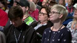 Sequence showing attendees during the Labour party conference in Liverpool Stock Footage