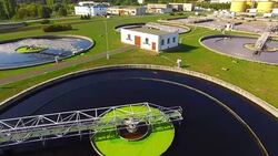 Aerial view to sewage treatment plant. Grey water recycling. Waste management theme. Stock Footage