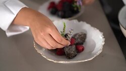 4K detail decorating sweet dish in kitchen Stock Footage
