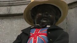 Manneken Pis statue in Brussels dressed in Union Jack News Clip