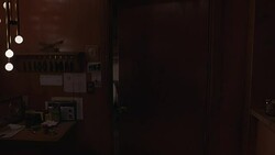 MEDIUM ANGLE OF AREA BEHIND CHECK IN, REGISTRATION COUNTER IN LOWER CLASS MOTEL LOBBY. ROOM KEYS ON HOOKS, DOOR TO MANAGER'S OFFICE SEEN BEHIND FRONT DESK. 1950S DECOR. Stock Footage