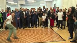 CLEAN : France's Macron promotes youth sport during visit to Paris suburb News Clip