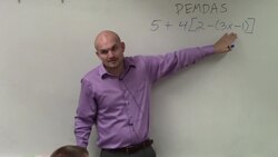 How to simplify an expression when a parenthesis is inside of brackets, 5+4(2-(3x-1)) Instructional Video