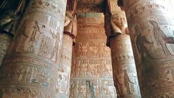 Beautiful interior of the Temple of Dendera or the Temple of Hathor. Egypt, Dendera, Ancient Egyptian temple near the city of Ken Stock Footage