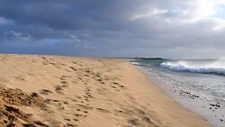 Waves breaking aganis a sand beach at Cape Verde Sal Island Stock Footage
