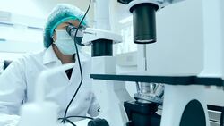 Woman Scientist counting cells using hemocytometer under microscope in laboratory Stock Footage