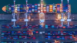 4K Timelapse of modern industrial port with containers from top view or aerial view. It is an import and export cargo port where is a part of shipping dock Singapore Stock Footage