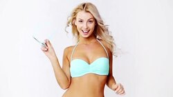 happy woman in bikini swimsuit with sunglasses Stock Footage