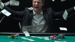 Dollars falling from sky, lucky man satisfied with big win, online gambling Stock Footage