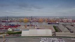 Aerial view of logistics concept roll-on/roll-off car carrier ship Stock Footage