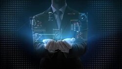 Businessman opens two palms, graphic user interface, Futuristic digital display, grow artificial intelligence. 4k movie. Stock Footage