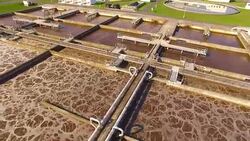 Aerial view to sewage treatment plant. Grey water recycling. Waste management theme. Stock Footage