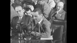 Howard Hughes is asked if he has any questions during his testimony at congressional hearing regarding US national defense program News Clip