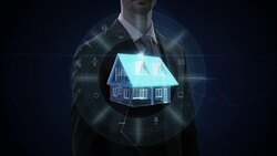 Businessman touching IoT smart home appliance icon, Internet of Things, artificial intelligence. 4k movie. Stock Footage
