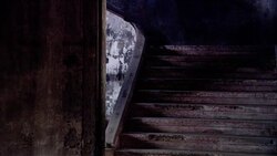 CLOSE ANGLE OF WORN STONE STAIRS SEEN THROUGH A DOORWAY. DIRT AND PEELING PAINT COVER STAIRS AND WALLS. COULD BE ABANDONED WAREHOUSE, SCHOOL, OR MILITARY BUNKER. Stock Footage