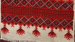 National red and white embroidery. The process of decorating decorative towels embroidered red ornament. national red and black embroidery thread. Stock Footage