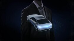 Businessman touching car, Rotating Electronic, hybrid, lithium ion battery echo car.  scanning inside view with user interface, eco-friendly future car. 4k movie. Stock Footage