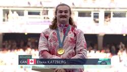 Canada's Ethan Katzberg on the podium receiving his hammer throw gold medal at Paris 2024 News Clip
