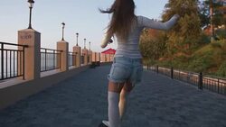 Young stylish attractive woman skateboarding at sunrise on seafront, slow motion Stock Footage