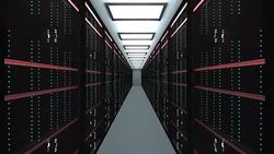 Large server room interior in datacenter, web network and internet telecommunication technology, data storage and cloud service concept Stock Footage