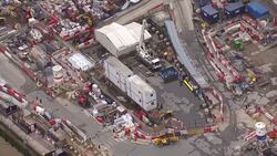 UK: Aerial views of Battersea Power Station construction work News Clip