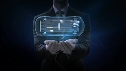 Businessman opens two palms, Electronic car, ion battery echo car. Charging car battery. Battery level check, future car. top view. 4k movie. Stock Footage