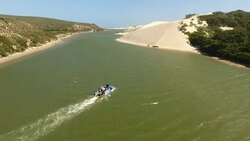 AERIAL boat on estuary/ Port Elizabeth/ South Africa Stock Footage