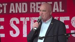 RMT boss Mick Lynch addresses a rally in Westminster News Clip