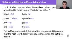 Creating adjectives using the suffixes -ful and -less Instructional Video