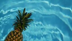 Pineapple Floating In blue Water In Swimming Pool. Healthy Raw Organic Food. Juicy Fruit. Vegetarian, Vegan Nutrition, Vitamins, Diet, summer holidays, vacation concepts. Exotic tropical background Stock Footage