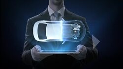 Businessman lifting smart pad, Electronic car, ion battery echo car. Charging car battery. Battery level check, future car. top view. 4k movie. Stock Footage