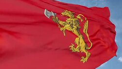 Lion with axe on red background. Flag of the Kingdom of Norway. The logo of the state symbol Stock Footage