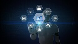 Robot touching IoT hexagon icon, Home security, cctv, smart city, mobile app, car, internet of thing. 4K movie 1. Stock Footage