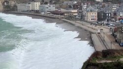 CLEAN : Storm Eunice hits the cliffs of Etretat and Le Havre in northern France News Clip
