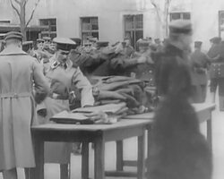 Outbreak of WW1. German troops are given equipment and leave on trains. 1914. Stock Footage