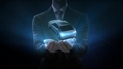 Businessman opens two palms, Rotating Electronic, hybrid, lithium ion battery echo car.  scanning inside view with user interface, eco-friendly future car. 4k movie. Stock Footage