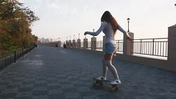 Young stylish attractive woman skateboarding at sunrise on seafront, slow motion Stock Footage