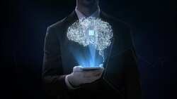 Businessman click smart phone, digital brain connected CPU chip circuit board, 4K movie.grow artificial intelligence. Stock Footage