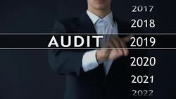 Audit report 2023, businessman finds data in virtual archive financial statement Stock Footage