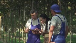 Gardeners exemine information on tablet Stock Footage