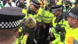 Palestine Action protesters carried away by police outside the Labour Party Conference News Clip