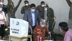 CLEAN : Ecuador presidential candidate Arauz accompanies his grandmother to vote News Clip