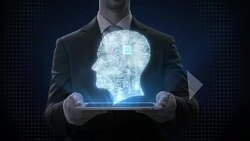 Businessman lifting tablet, CPU chip circuit board connected human head shape, 4K movie.grow artificial intelligence. 1. Stock Footage