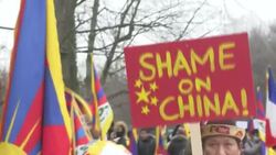 CLEAN : Tibetans protest Beijing 2022 'Games of shame' at Olympics HQ News Clip
