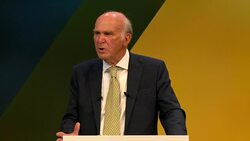 Vince Cable saying 'millions can see the two main parties have been hijacked by those that want to turn their backs on the modern, inter-connected world. Together we will win' Stock Footage
